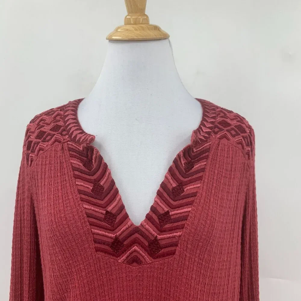 Lucky Brand Drop Needle Sweater Womens M Medium Rosy Embroidered Linen Blend